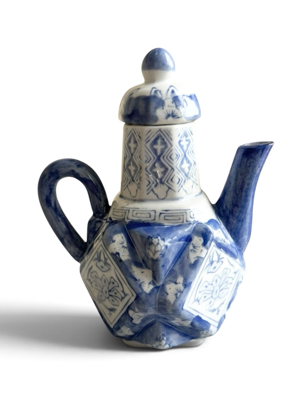 Vintage Chinoiserie Cobalt Blue & White Multi-Faceted Teapot